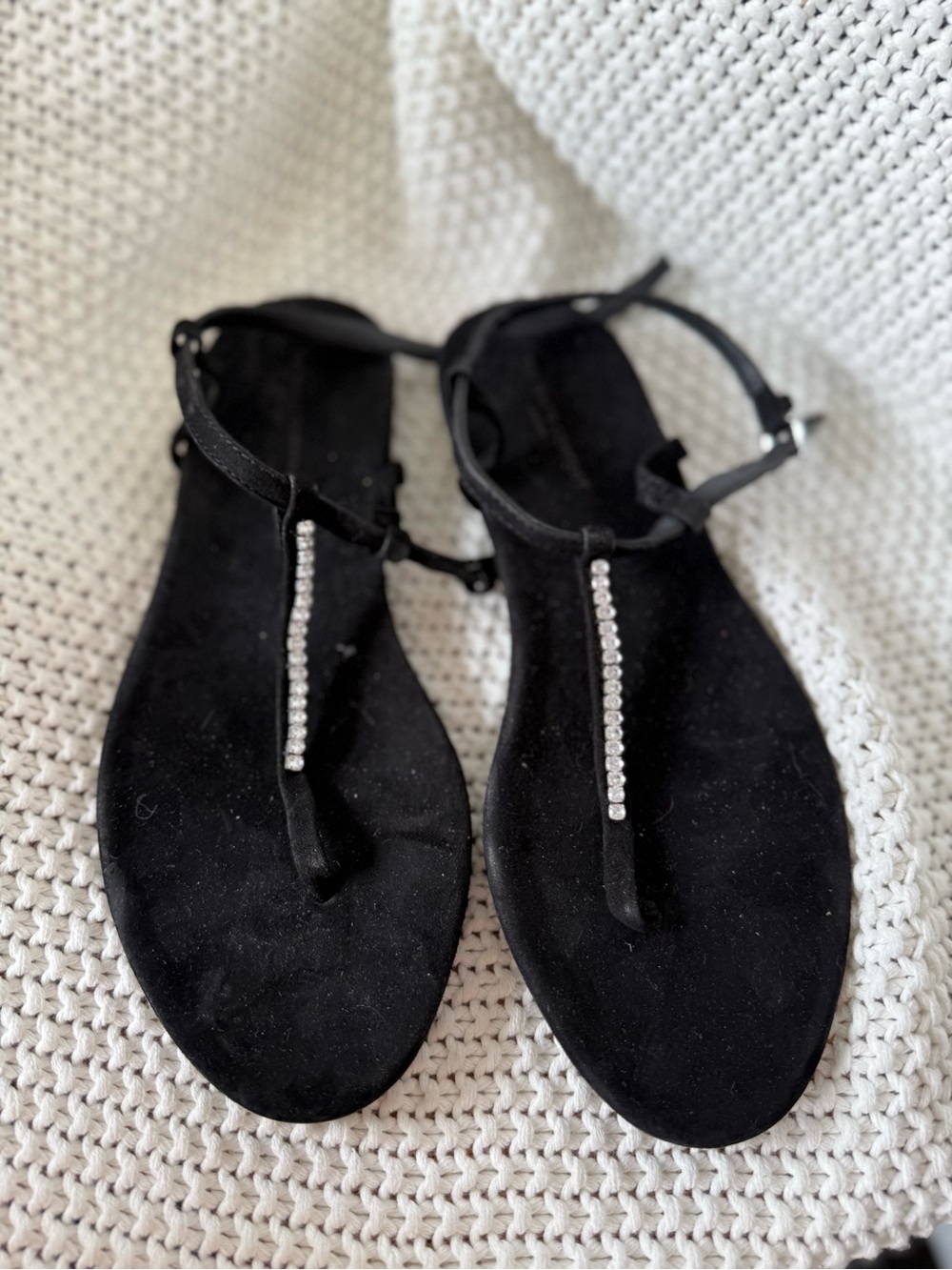 The White Company Black Suede T‑Bar Crystal-Trim Sandals
